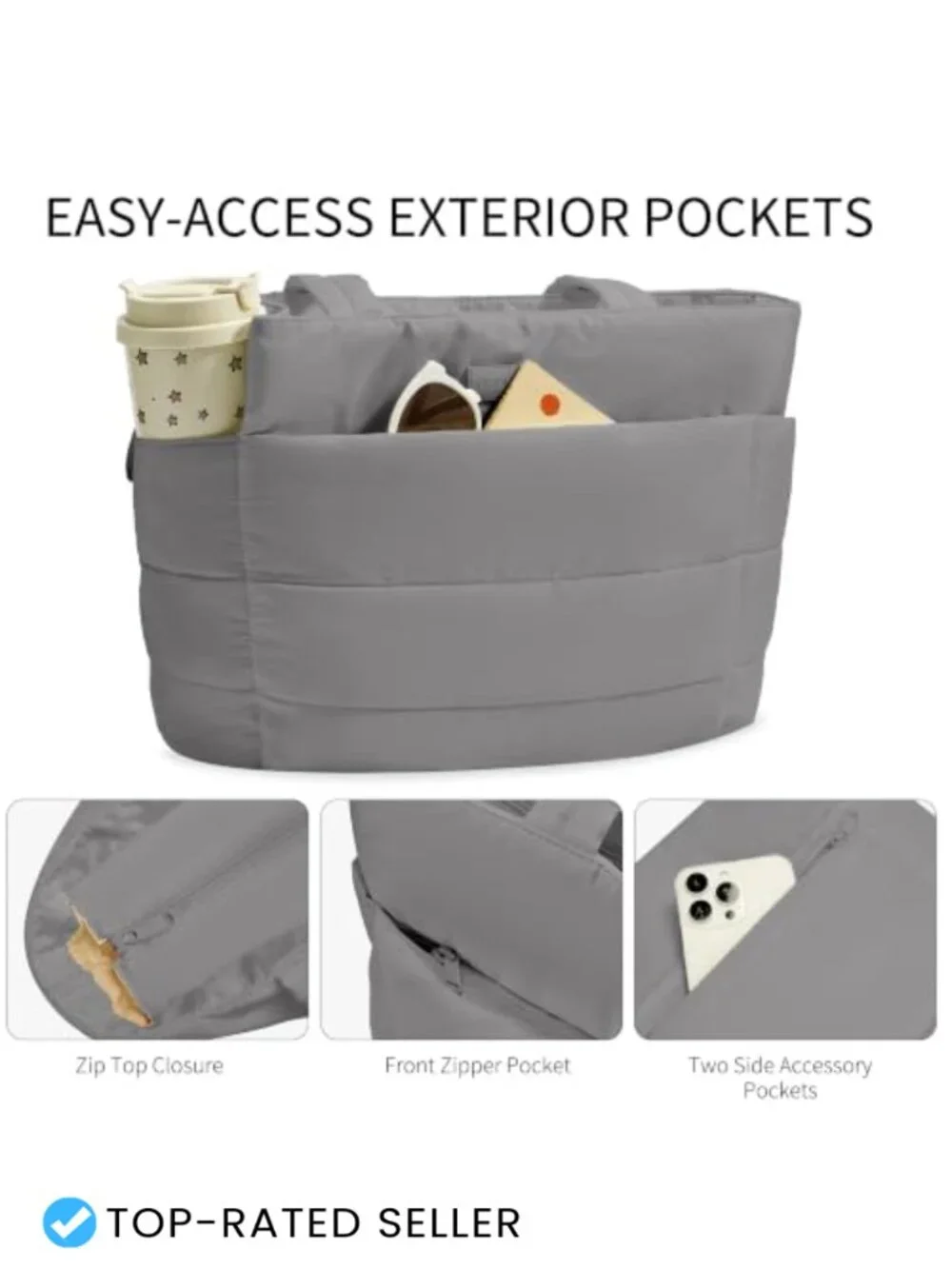Large Puffer Tote Bag, Laptop Travel Work Tote, 20L Capacity, Shoulder Bag